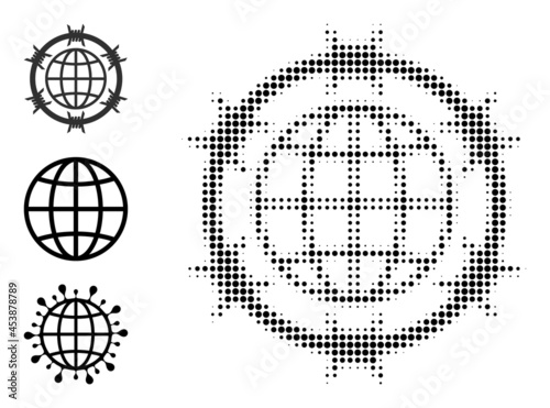 Halftone barbed wire globe. Dotted barbed wire globe constructed with small circle pixels. Vector illustration of barbed wire globe icon on a white background. Halftone pattern contains circle pixels.