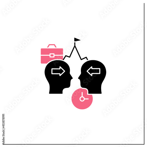 Competing glyph icon. Competition between coworker. Stress position without considering opposing view points.Filled flat sign. Isolated silhouette vector illustration