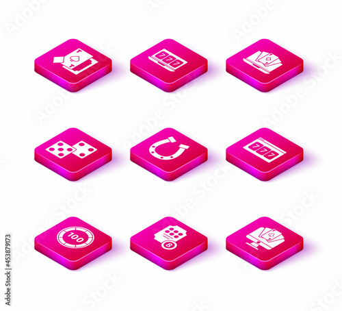 Set Casino chips, Online slot machine, Game dice, Horseshoe, poker table game, with lucky sevens jackpot, and icon. Vector