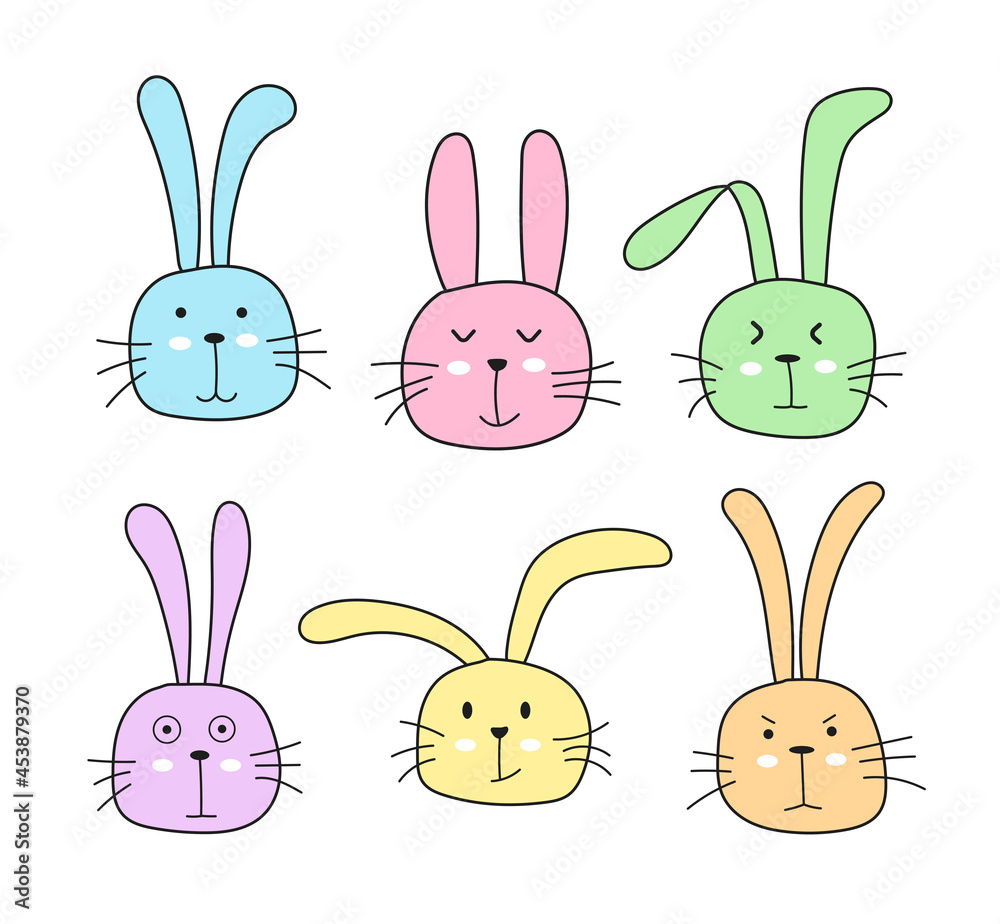 Cute Bunny Rabbit Character Vector Set. Funny bunny rabbit faces design ...