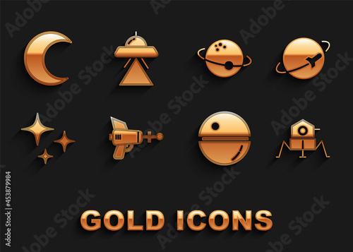 Set Ray gun, Planet, Mars rover, Death star, Falling, Moon and stars and UFO flying spaceship icon. Vector