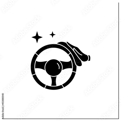 Car disinfection glyph icon.Taxi,carsharing hand wheel interior cleaning with antibacterial wipe.Public transport,taxi service.Filled flat sign.Isolated silhouette vector illustration