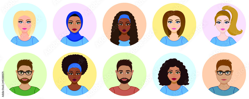 Racial divercity icons. Set of avatars. Arab, african, hispanic(latina) and european (caucasian) women. Different haircuts: wavy hair, ponytail. Girl wearing hijab. Bearded man wearing glasses Racial divercity icons. Set of avatars. Arab, african, hispanic(latina) and european (caucasian) women. Different haircuts: wavy hair, ponytail. Girl wearing hijab. Bearded man wearing glasses