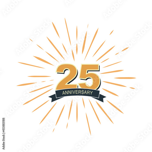 25 Th anniversary logo numbers with ribbon and fireworks vector illustration. Vintage of holiday, birthday celebrating