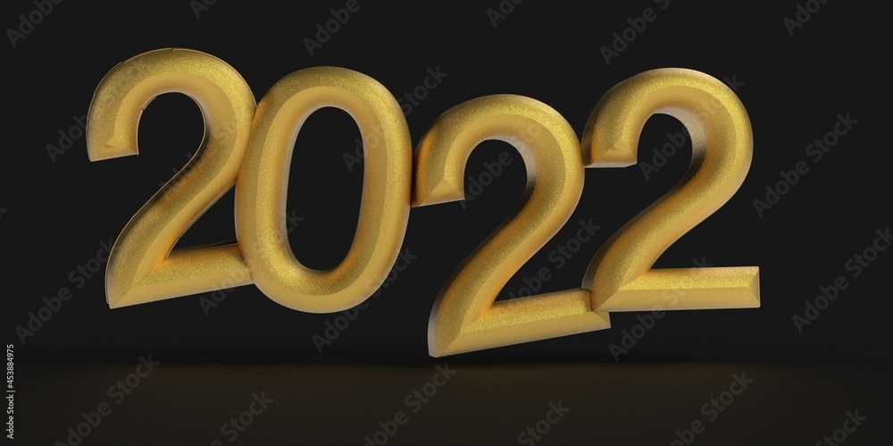 Gold number 2022 isolated on white background. 3d illustration