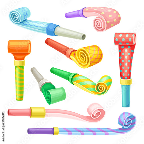 Bright Party Whistle as Birthday Toy and Accessory for Blowing and Making Sound Vector Set