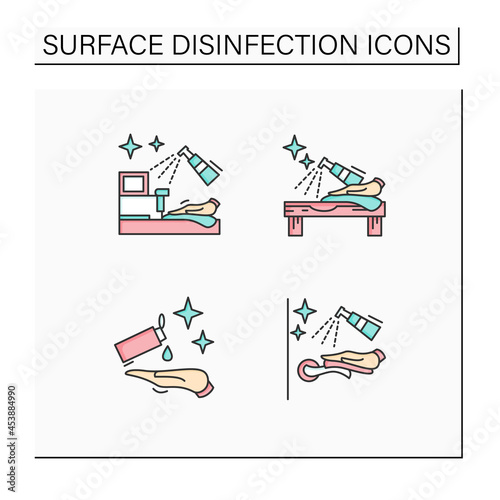 Surface disinfection color icons set.Door handle and hands, shop, tabletop disinfection. Home, public areas,transport hygiene. Isolated vector illustration