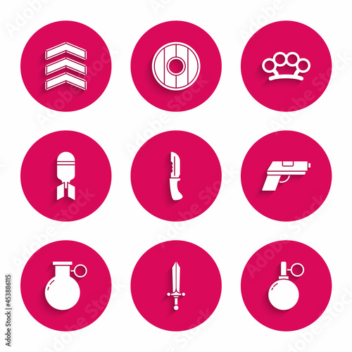 Set Military knife, Medieval sword, Hand grenade, Pistol gun, Aviation bomb, Brass knuckles and rank icon. Vector