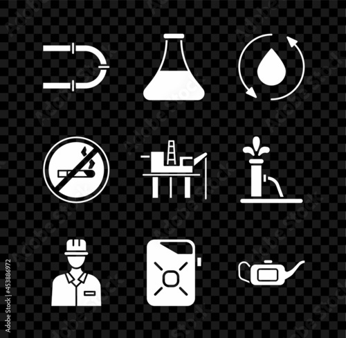 Set Industry pipe, Oil petrol test tube, drop, Oilman, Canister for motor oil, No Smoking and platform the sea icon. Vector