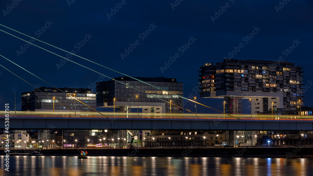 Modern office and residential buildings next to Rhine river in Cologne, Germany