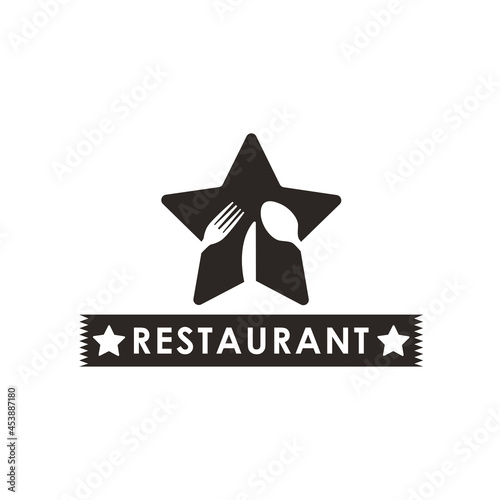 Star food Restaurant logo design with spoon,fork, and knife negative space