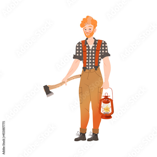 Redhead Bearded Woodman or Lumberman in Checkered Shirt and Sling Pants Standing with Ax and Lantern Vector Illustration