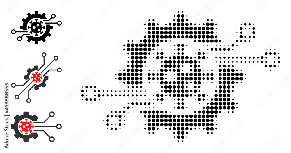 Halftone virus electronics gear. Dotted virus electronics gear designed with small round dots. Vector illustration of virus electronics gear icon on a white background. Halftone virus electronics gear. Dotted virus electronics gear designed with small round dots. Vector illustration of virus electronics gear icon on a white background.