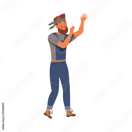 Bearded Woodman or Lumberman in Blue Overall Waving Hand Vector Illustration