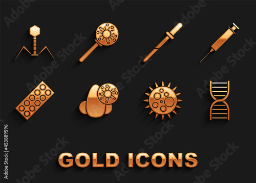 Set Runny nose and virus, Syringe, DNA symbol, Virus, Pills blister pack, Pipette, Bacteria bacteriophage and under magnifying glass icon. Vector