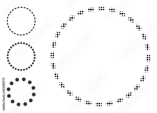 Halftone dashed circle area. Dotted dashed circle area designed with small circle pixels. Vector illustration of dashed circle area icon on a white background. Halftone pattern contains circle dots.