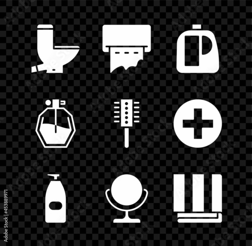 Set Toilet bowl, Paper towel dispenser on wall, Bottles for cleaning agent, of liquid antibacterial soap, Round makeup mirror, Towel stack, Perfume and Hairbrush icon. Vector