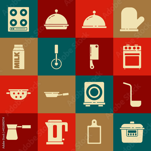 Set Slow cooker, Kitchen ladle, Oven, Covered with tray of food, Pizza knife, Paper package for milk, Gas stove and Meat chopper icon. Vector