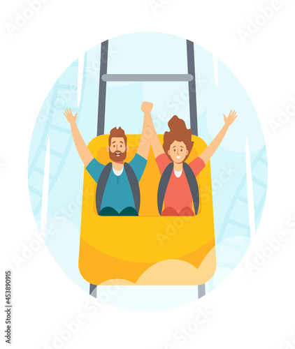 Family Characters Man and Woman Riding Roller Coaster in Amusement Park, Fun Fair Carnival Weekend Activity, Leisure