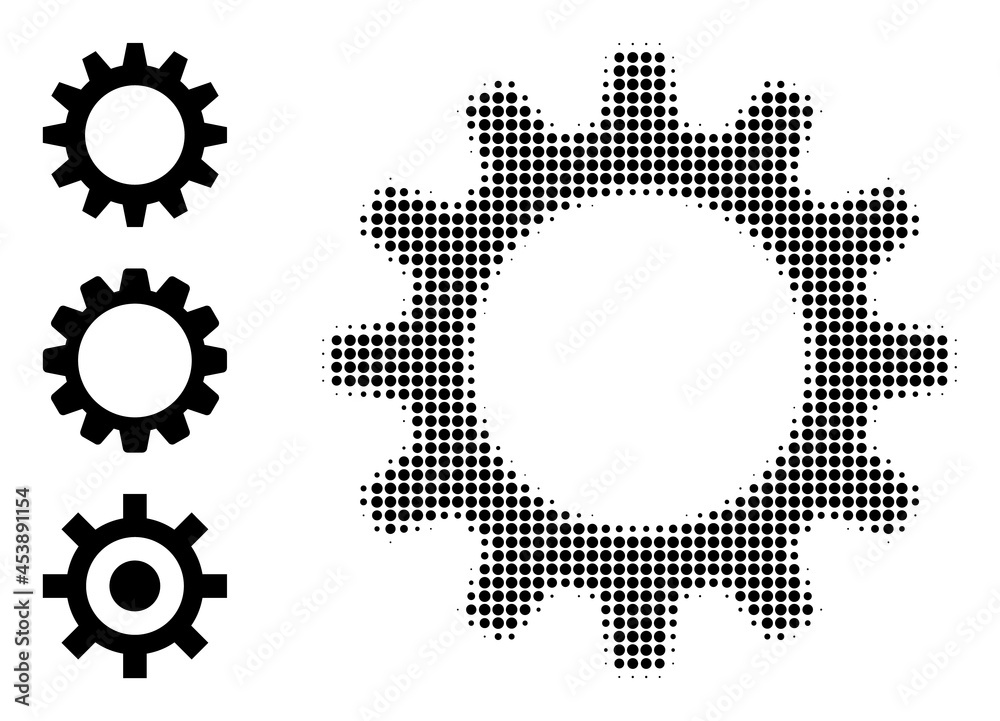 Halftone gearwheel. Dotted gearwheel made with small circle dots. Vector illustration of gearwheel icon on a white background. Halftone array contains circle points. Halftone gearwheel. Dotted gearwheel made with small circle dots. Vector illustration of gearwheel icon on a white background. Halftone array contains circle points.