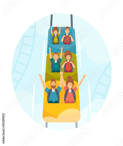 Family Characters Riding Roller Coaster in Amusement Park. Excited Adult Men, Women and Kids at Rollercoaster Cars