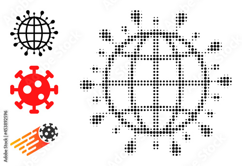 Halftone global coronavirus. Dotted global coronavirus constructed with small circle elements. Vector illustration of global coronavirus icon on a white background.