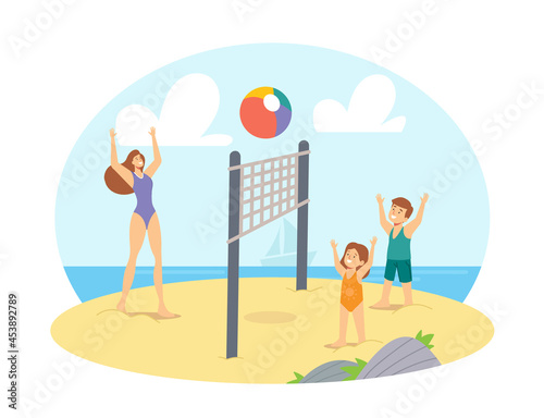 Family Leisure, Vacation. Mother and Children Playing Beach Volleyball on Sea Shore. Happy Characters Summer Competition