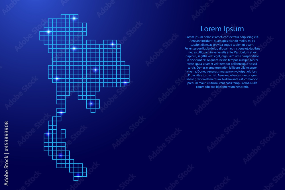 Thailand map silhouette from blue mosaic structure squares and glowing stars. Vector illustration.