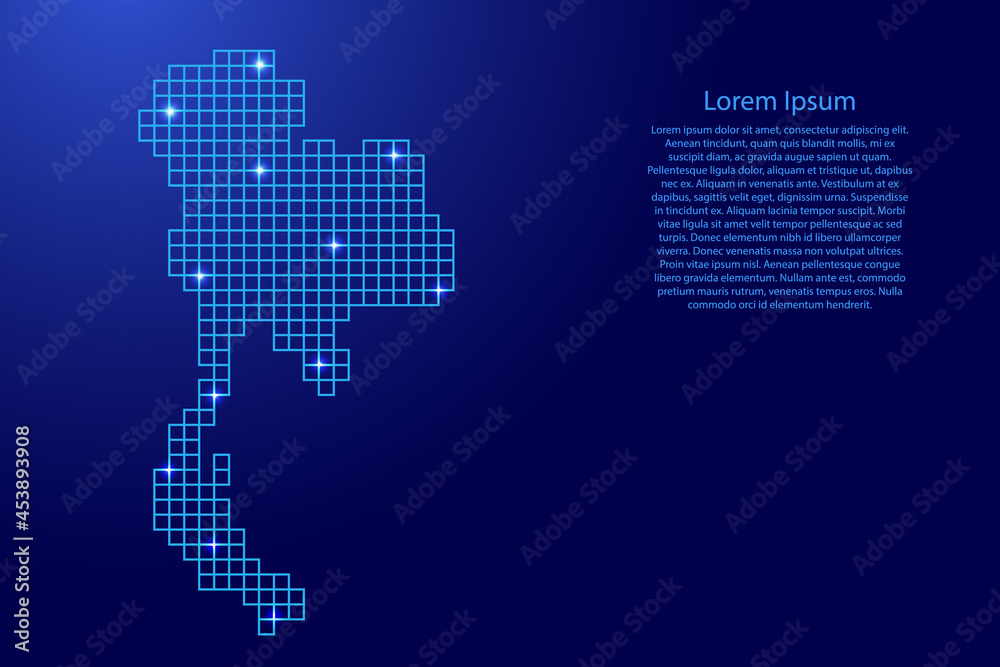 Thailand map silhouette from blue mosaic structure squares and glowing stars. Vector illustration. Thailand map silhouette from blue mosaic structure squares and glowing stars. Vector illustration.