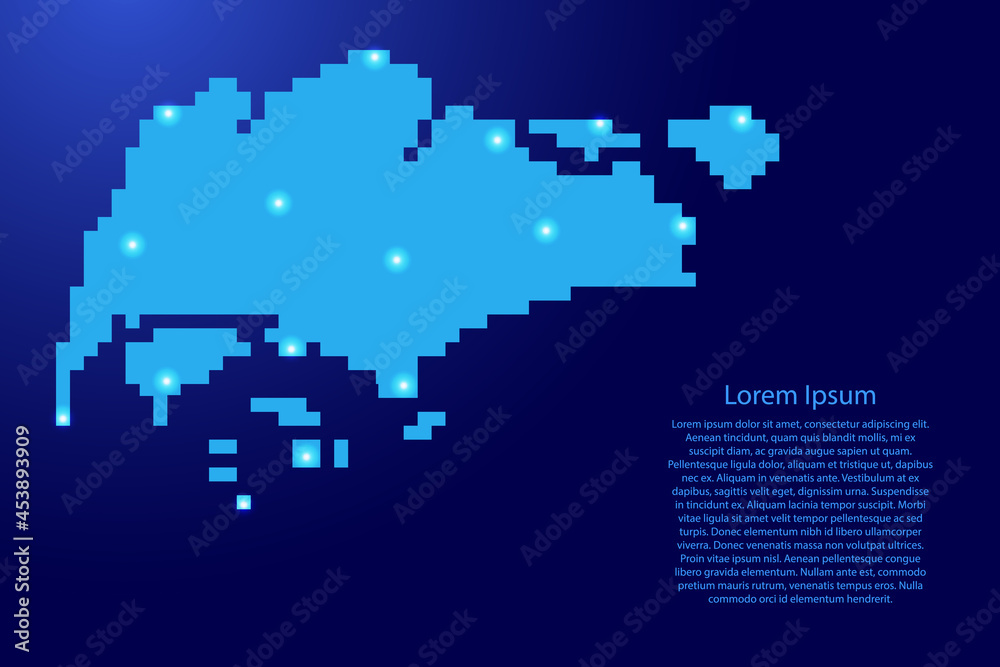 Singapore map silhouette from blue square pixels and glowing stars. Vector illustration. Singapore map silhouette from blue square pixels and glowing stars. Vector illustration.