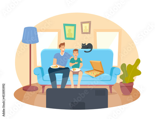Father and Teenage Son with Pizza and Cat Sitting on Sofa Watching Movie and Laughing. Happy Family Home Cinema