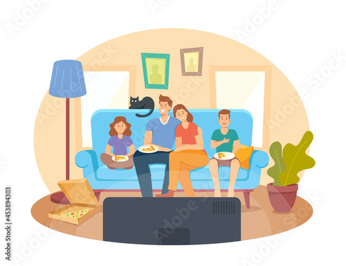 Home Cinema Concept. Happy Family Watching TV and Eating Pizza, Kids and Parents Characters Sitting on Couch in Weekend