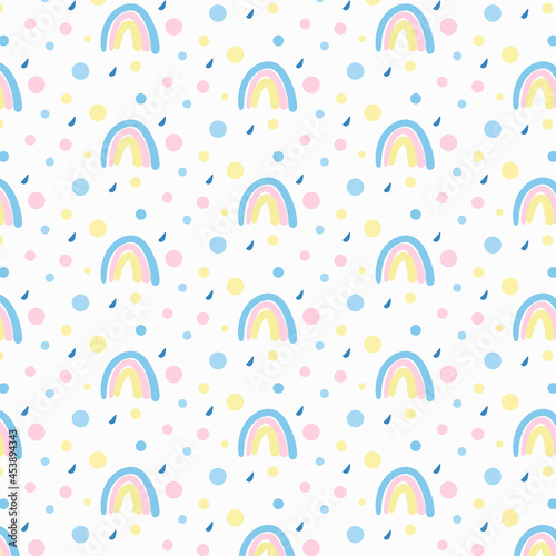 Vector seamless abstract pattern with drops and rainbow. Design for wrapping, clothing and textile or nursery design.