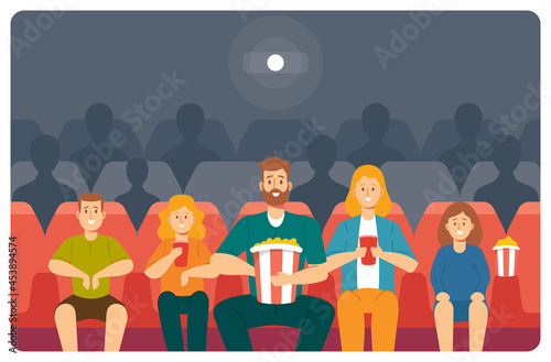 Family Watching Movie at Cinema. Young Mother, Father, Daughter and Son with Pop Corn Enjoying Film at Movie Theatre