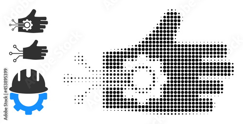 Halftone mechanical arm. Dotted mechanical arm designed with small round dots. Vector illustration of mechanical arm icon on a white background. Halftone pattern contains round elements.
