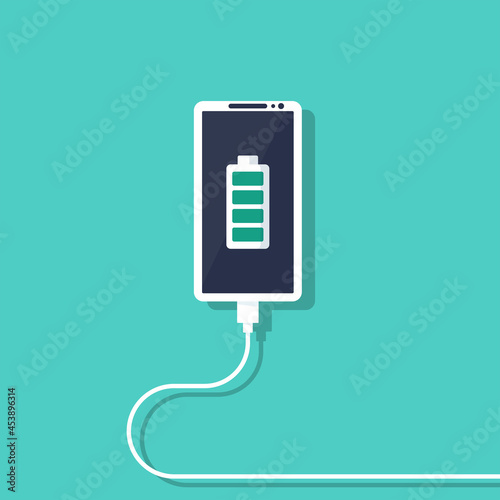 Phone on charging. Smartphone with charger. Full battery on the device screen. Vector illustration flat design. Isolated on white background.