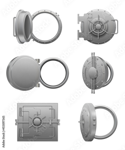 Round bank doors. Closed and open different types of steel door for bank handle valves treasures protection decent vector realistic pictures set isolated photo