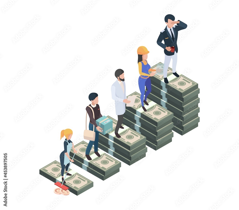 Salary difference. Wage professionals, isometric cash money stacks. Gap or inequality vector concept Salary difference. Wage professionals, isometric cash money stacks. Gap or inequality vector concept