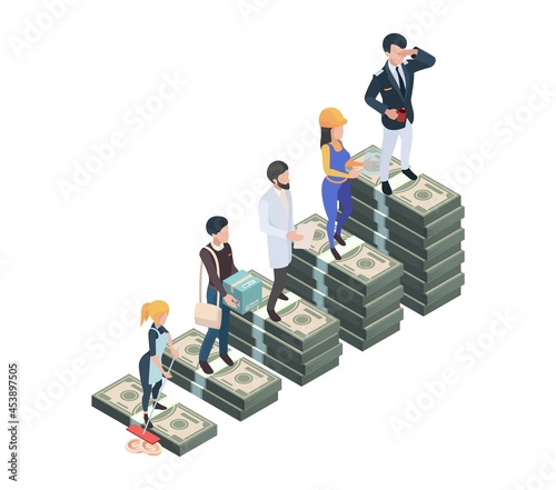 Salary difference. Wage professionals, isometric cash money stacks. Gap or inequality vector concept