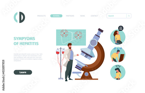 Medical landing. Hepatitis symptoms problems with liver garish vector template of web pages health diagnosis