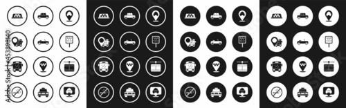 Set Location with taxi, Car, bus, Taxi car roof, Road sign for stand, Cable and Bus icon. Vector