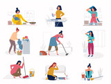Daily housework. Sad unhappy woman cleaning room routine work daily activities people ironing girl washing mother bathing kids recent vector flat persons