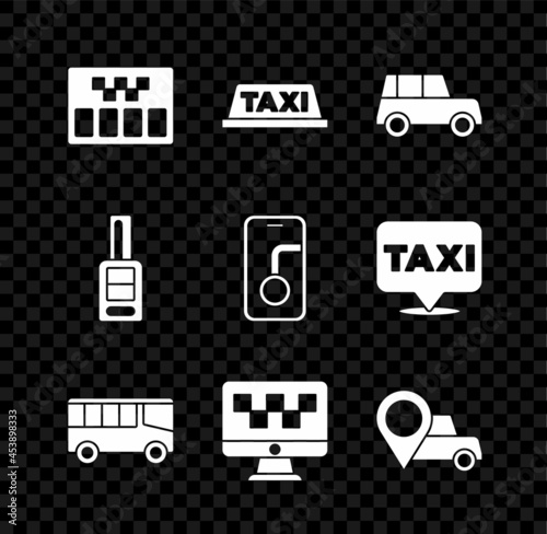 Set Taximeter, car roof, Car, Bus, Computer call taxi service, Location with, key remote and City map navigation icon. Vector