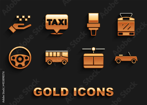 Set Bus, Tram and railway, Car, Cable car, Steering wheel, Safety belt, Hand with taxi and Location icon. Vector