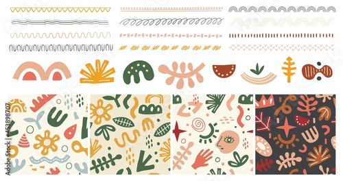 Hand drawn doodle shapes and borders. Contemporary art seamless pattern, sketch dividers vector set