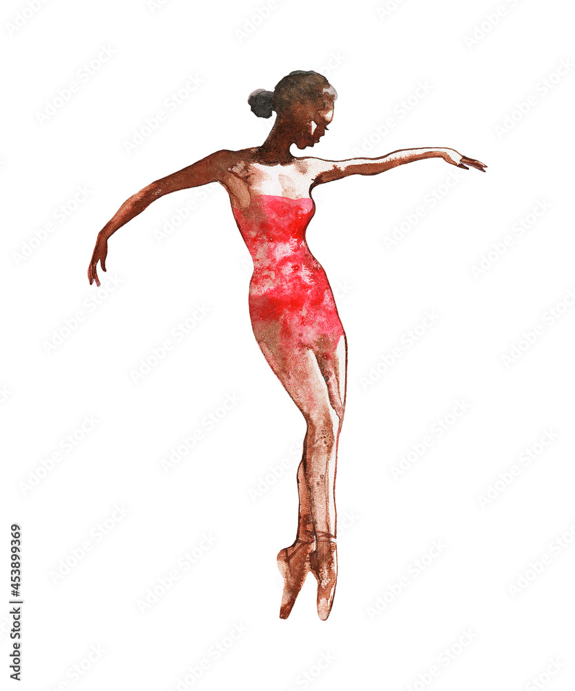 Watercolor African gymnast girl. Hand drawn young dancer in red dress. Painting illustration on white background. Watercolor African gymnast girl. Hand drawn young dancer in red dress. Painting illustration on white background.