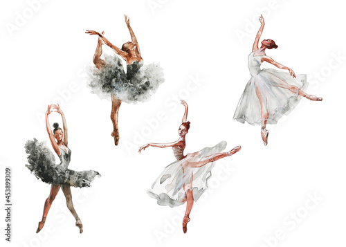 Watercolor isolated dancing ballerinas. Hand drawn classic ballet performance, poses. Painting set of young women in black and white dresses.