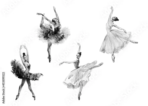 Obraz Watercolor isolated dancing ballerinas. Hand drawn classic ballet performance, poses. Painting set of young women on white background.