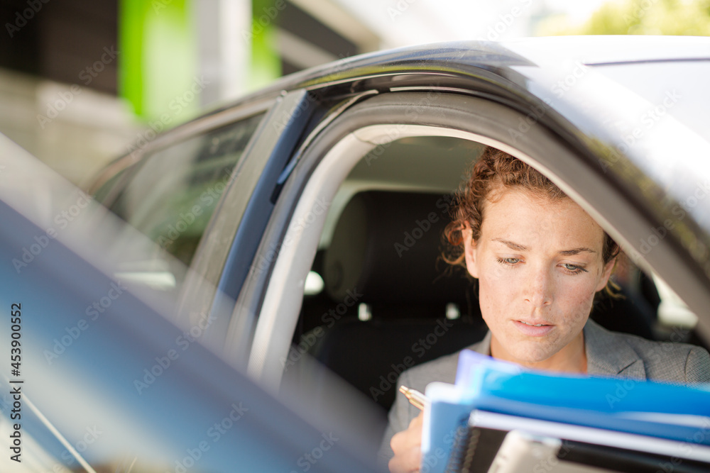 Businesswoman working in car