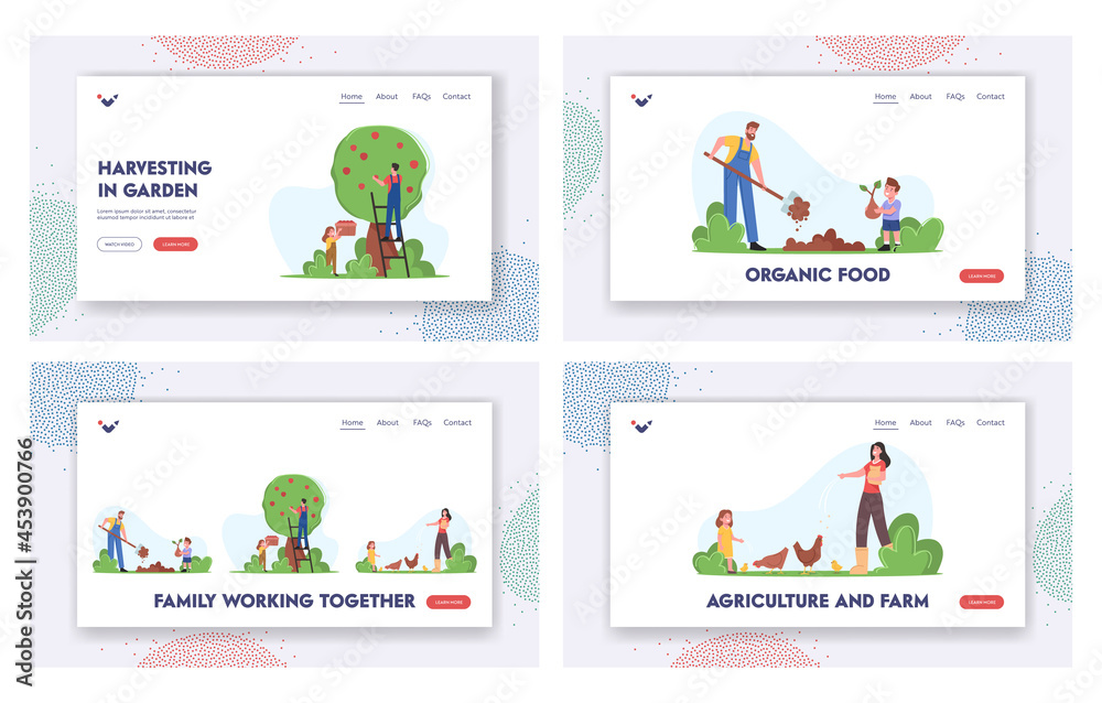 Family Working on Farm Landing Page Template Set. Parents and Kids Gardening Work, Planting Trees, Harvesting Crop